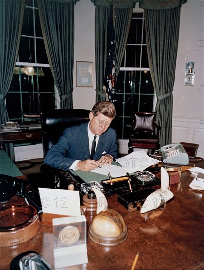 18 October 1962
Proclamation signing, Interdiction of the Delivery of Offensive Weapons to Cuba, 7:05PM

Please Credit. "Robert Knudsen. White House Photographs. John F. Kennedy Presidential LIbrary and Museum, Boston"