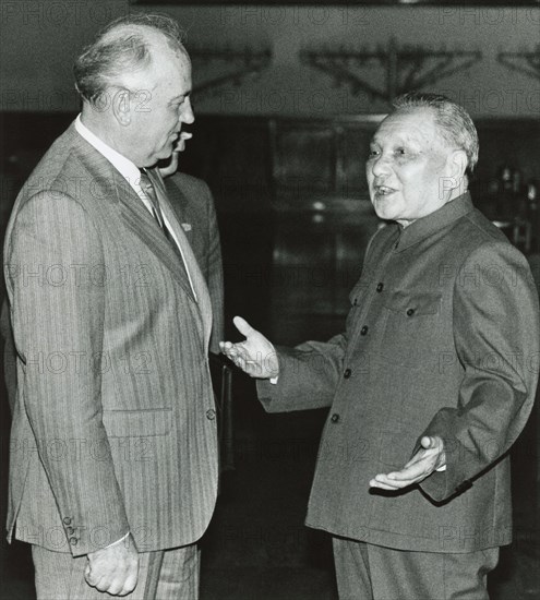 Former Chinese leader Deng Xiaoping greets former leader of the Soviet Union Mikhail Gorbachev in the Great Hall of the People in May 1989. Their meeting is considered the end of the "Sino-Soviet split."