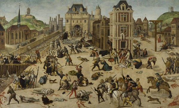 Das Blutbad der Bartholomäusnacht, Gemälde von François Dubois, um 1584, Bartholomäusnacht, Pariser Bluthochzeit, Massacre de la Saint-Barthélemy, war ein Pogrom an französischen Protestanten, den Hugenotten, das in der Nacht vom 23. zum 24. August 1572, dem Bartholomäustag, stattfand  /  The Bloodbath of Saint Bartholomew's Night, painting by François Dubois, c. 1584, Saint Bartholomew's Night, Parisian Blood Wedding, Massacre de la Saint-Barthélemy, was a pogrom against French Protestants, the Huguenots, that took place on the night of August 23-24, 1572, Saint Bartholomew's Day, Historisch,