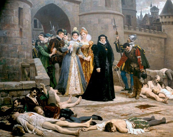 The St Bartholomew's Day massacre (Massacre de la Saint-Barthélemy) in 1572. In the religious war between the royalist Catholics and the Huguenots (French Calvinist Protestants. Over a period of several weeks the mob violence left betweem 50000 and 30,000 protestants dead. In this painting Catherine de Medici, widow of King Henri II, who was blamed for stirring the trouble, is seen looking with satisfaction at the bodies of the dead.