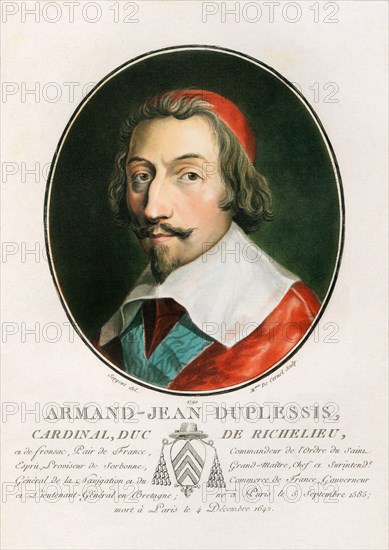 Cardinal Richelieu.  Cardinal Armand Jean du Plessis, 1st Duke of Richelieu and Fronsac, aka The Red Eminence, 1585-1642. French clergyman, nobleman and statesman.  After a work by Antoine-Francois Sergent-Marceau in the 1792 edition of Portraits des Grands Hommes, Femmes illustres, et Sujets mémorables de France, gravés et imprimée en Couleurs.