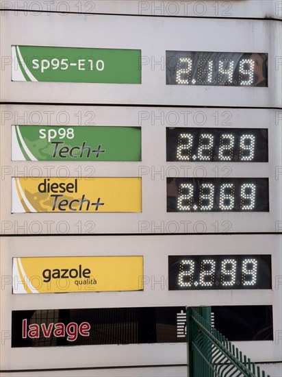 Strasbourg, France - Mar 11 2022: Italian Eni gas station with new prices at the pump exceeding all expectations. The war in Ukraine has pushed fuel prices above the two-euro threshold for first time.