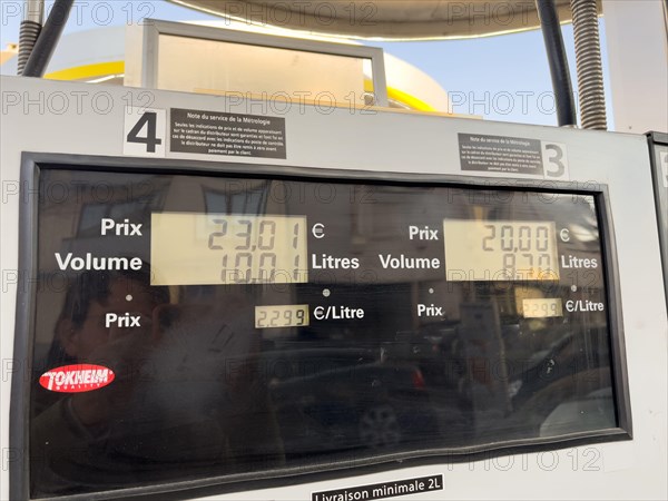 Strasbourg, France - Mar 11 2022: Italian Eni gas station with new prices at the pump exceeding all expectations 2.229 Euros per liter. The war in Ukraine has pushed fuel prices above the two-euro threshold for first time.