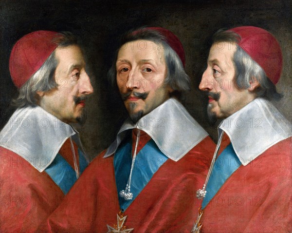 Armand Jean du Plessis, Cardinal-Duke of Richelieu and of Fronsac (1585-1642), commonly referred to as Cardinal Richelieu, was a French clergyman, nobleman, and statesman and King Louis XIII's chief minister. Triple Portrait of Cardinal de Richelieu  by Philippe de Champaigne, oil on canvas, c.1642