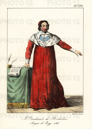 Armand Jean du Plessis, Cardinal Richelieu, 1585-1642. French clergyman and statesman, l'Éminence rouge., reign of King Louis XIII. In crimson cassock with white collar and cuffs. Le Cardinal de Richelieu. Regne de Louis XIII. Handcoloured lithograph by Lorenzo Bianchi and Domenico Cuciniello after Hippolyte Lecomte from Costumi civili e militari della monarchia francese dal 1200 al 1820, Naples, 1825. Italian edition of Lecomte’s Civilian and military costumes of the French monarchy from 1200 to 1820.