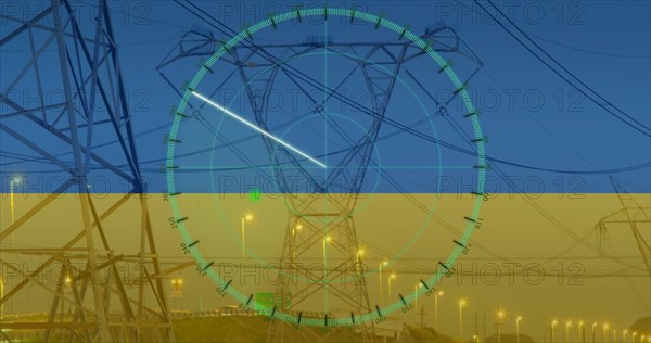 Image of radar and electricity poles over flag of ukraine
