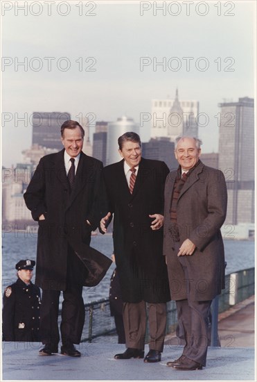 Photograph of President Reagan and Vice-President Bush meeting with General Secretary Gorbachev on Governor's Island... 198596