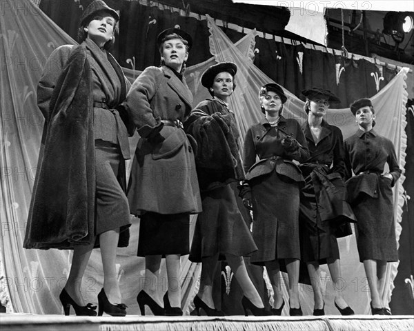 Christian Dior creations were modelled by his mannequins in London last night (Monday) for a BBC Television fashion programme. A. Six of the models in morning suits. October 1950 P024389