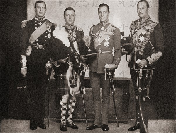 Four of the five sons of King George V.  From left to right, Prince George, Duke of Kent, 1902-1942, naval and air force officer.  Edward, 1894 - 1972.  King Edward VIII, later Duke of Windsor.  Prince Albert, Duke of York,  later King George VI, 1895 – 1952.   Prince Henry, Duke of Gloucester, 1900 – 1974, soldier.