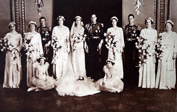 Photograph of the wedding of Prince George, Duke of Kent (1902-1942) and Princess Marina of Greece and Denmark (1906-1968). Also pictured is Prince Albert Frederick Arthur George (1895-1952) and Prince Henry, Duke of Gloucester (1900-1974). Dated 20th Century