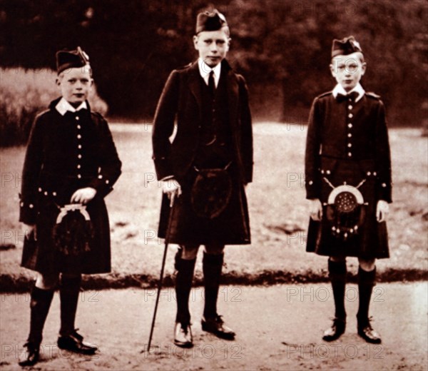 Photograph of Albert Frederick Arthur George (1895-1952), Prince Henry, Duke of Gloucester (1900-1974) and Prince George, Duke of Kent (1902-1942) at Balmoral Castle, Scotland. Dated 20th Century