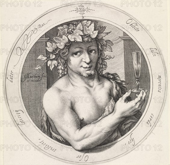 Bacchus with glass, Jacob Matham, 1599 - 1600