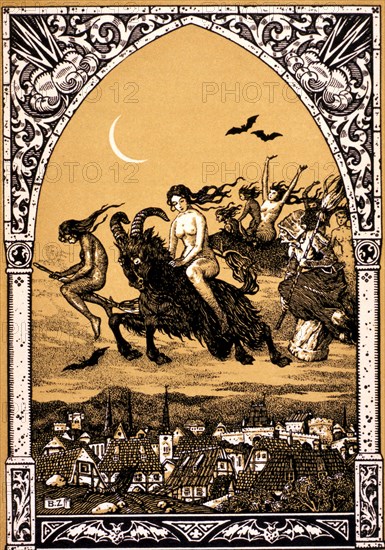 Naked witches riding goats and broomsticks to the Sabbath above a French town. Lithograph 1926.