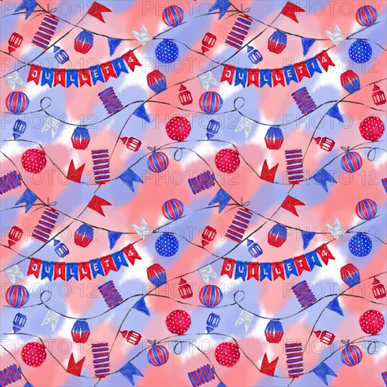 Bastille Day Street Decorations Seamless Pattern. Lanterns and Flags Seamless Rapport for Background, Print, and Textile. France Patriotic Design.