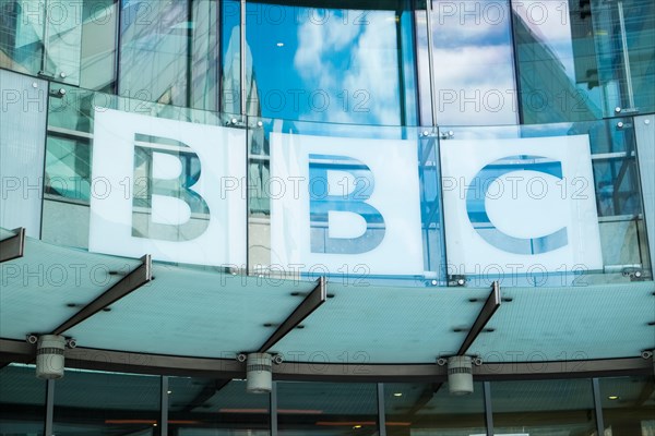 BBC sign, New Broadcasting House, London, England, UK