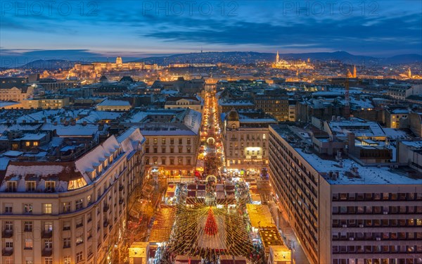 Christmas market in the front of St Stephen Basilica Budapest. The most beautiful european Christmas market in 2019.