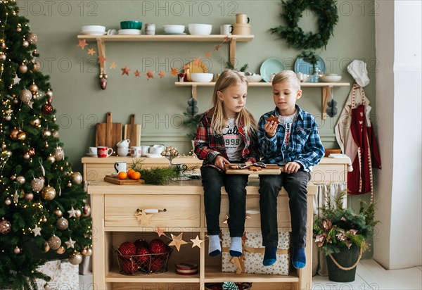 Portrait of a little brother and sister waiting for Santa in the kitchen