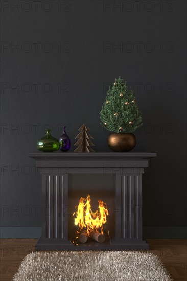 Fireplace at Christmas rendering