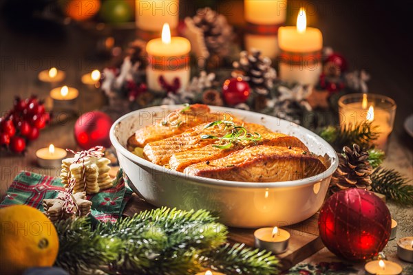 Christmas dinner from fish salmon in roasting dish with festive decoration advent wreath and candles.