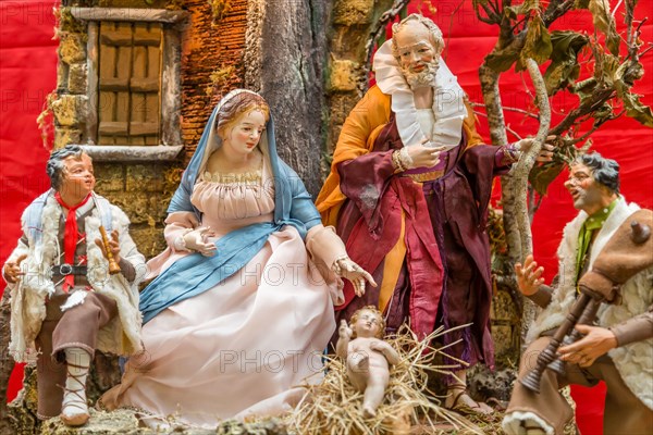 NAPLES, ITALY - JANUARY 4, 2020: light is enlightening Christmas Nativity scenes market in San Gregorio Armeno street