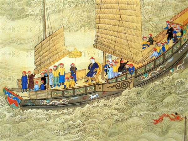 China: The Kangxi Emperor on tour. Detail of handscroll painting, early 18th century.

Emperor Kangxi, personal name Xuanye and temple name Shengzu, was the fourth ruler of the Qing Dynasty and the second Qing emperor to rule over China proper, from 1661 to 1722.

Kangxi's reign of 61 years makes him the longest-reigning Chinese emperor in history (although his grandson, the Qianlong Emperor, had the longest period of de facto power) and one of the longest-reigning rulers in the world. He was considered one of China's greatest emperors.