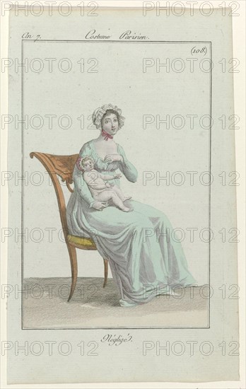 A woman is feeding her baby. Morning gown with long sleeves. Accessories: hat trimmed with wrinkled fabric strip, flat shoes with pointed noses. The picture is part of the fashion magazine Journal des Dames et des Modes, edited by Sellèque, Paris, 1797-1839. Manufacturer : printmaker: anonymous publisher: Sellèqueuitgever: Pierre de la MésangèrePlaats manufacture: Paris Date: 1799 Physical features: engra, hand-colored material : paper Technique: engra (printing process) / hand-color measurements: plate edge: h 176 mm × W 115 mm Subject: fashion plates head-gear: cap (+ women's clothes) head-g