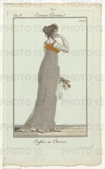 Simple hairstyle. with ringlets and curled lokjes. Gown with short sleeves and drag. In his left hand a fan, flowers and long gloves. flat shoes with pointed noses. The picture is part of the fashion magazine Journal des Dames et des Modes, published by Pierre de la Mésangère, Paris, 1797-1839. Manufacturer : printmaker: anonymous publisher: Pierre de la MésangèrePlaats manufacture: Paris Date: 1800 Physical features: engra, hand colored material: paper Technique: engra (printing process) / hand-color measurements: plate edge: h 177 mm × W 112 mm Subject: fashion plates dress, gown (+ women's