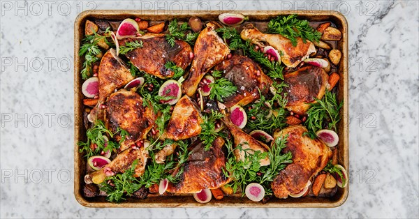 Roasted Chicken with carrots, radishes, and pomegranate