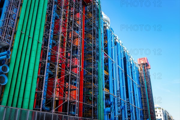 Rear view of the Centre Pompidou museum with colourful pipes - Paris, France