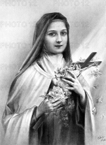 Saint Mother Thérèse of LISIEUX ( Marie françoise Thérèse Martin - Alençon 1873 - Lisieux 1897 ) , sainte from 1925 , author of " Histoire d'une ame" ( post. 1898 ) - MADRE TERESA di LISIEUX del Banbino Gesù e del Volto santo , Santa canonizzata nel 1925 , autrice di " Storia di un' anima " ( post. 1898 ) - Portrait from her sister Céline Martin ( Sister Genéviève du Sacre Visage ) 1912 - CATHOLIC  RELIGION - RELIGIONE  CATTOLICA - SANTO - SANTA - portrait - ritratto - rose - roses - suora di clausura - nun of cloister - crocefisso - crocifisso - cross  ----  Archivio GBB