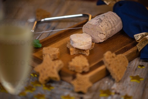 Festive canape, gingerbread toast and foie gras, french traditional festive gastronomy