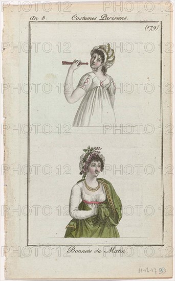 Journal des Dames et des Modes, Costume Parisien, 11 décembre 1799, An 8 (179) : Bonnets du Matin.Two women's bustles, above or among each other, with hats for the morning: 'Bonnets du Matin'. Above: woman, seen on the back, in a short-sleeved dress and row closure. Range in hand. Under: Woman in a full-sleeved dress and high waist. To the left shoulder a green scarf with decoration at the hem. Further accessories: necklace, belt (?). Behind the print is a page with text, they are part of the fashion magazine Journal des Laden et DES Moldes, published by Pierre de la Mésangère, Paris, 1797-183