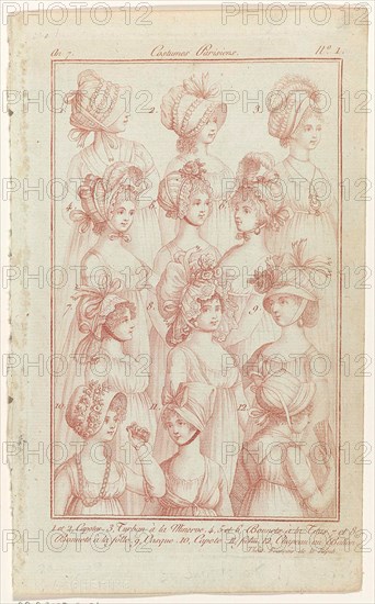 Journal of Ladies and Modes, Parisian Costumes, November 27, 1798, An 7, (1): 1 and 2, Hoodies (...). Twelve Women's Busts with Various Hats and Hats in One Frame, Numbered One to Twelve. 1 and 2. Hoods. 3. Turban 'at the MINERVE'.4.5 and 6. HATS' at Titus'. 7 and 8, 'Cups at La Folle'.9. 'Helmet'. 10, capote.11, damn.12, 'balloon hat'. The Print is a First Supplement of Pl. 75 From The Fashion Magazine Laden Journal and Modes, published by Pierre de la Mesanger, Paris, 1797-1839.