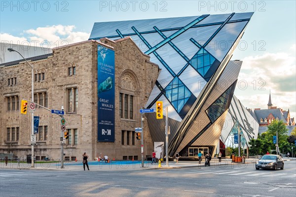 Royal Ontario Museum (ROM) mixed-architecture facade. The famous place is a major tourist attraction in Toronto, Canada