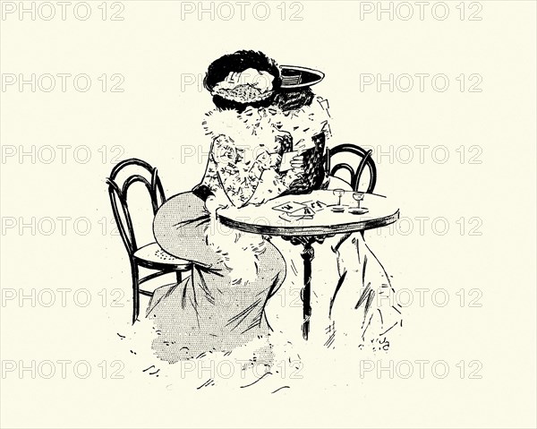 Vintage illustration Two woman drinking and looking at postcards at a cafe, Belle Époque, 1900s