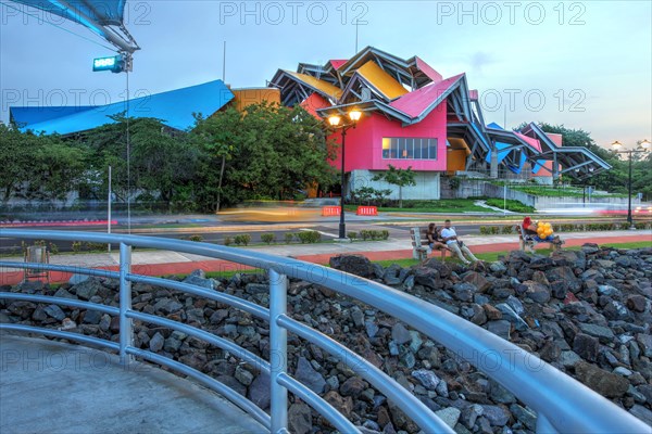 Night scene of Biomuseo, a museum dedicated to the national history of the region and the isthmus enabling the Panama Canal, located just outside Pana