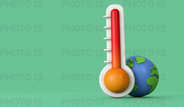 Rising global temperatures. Earth model with a thermometer. 3D Render