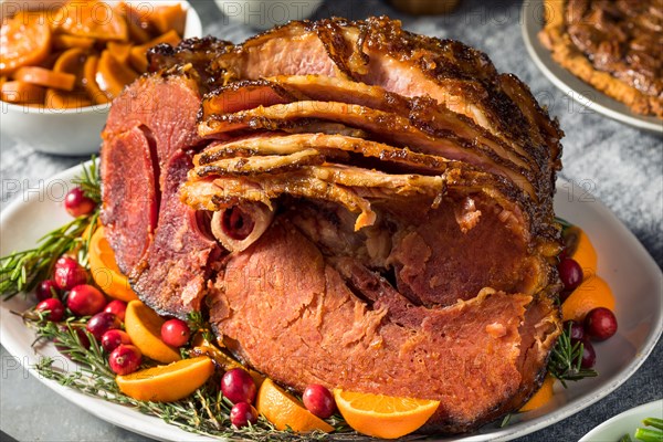 Homemade Christmas Ham Dinner with Potatoes Cranberry and Pecan Pie