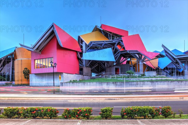 Night scene of Biomuseo, a museum dedicated to the national history of the region and the isthmus enabling the Panama Canal, located just outside Pana