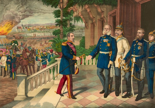 The surrender of Emperor of the French Napoleon III to the Prussians after the Battle of Sedan during the Franco-Prussian War aka Franco-German War of 1870. Louis-Napoléon Bonaparte, 1808 –1873. The only president (1848–52) of the French Second Republic and, as Napoleon III, the Emperor (1852–70) of the Second French Empire.  In the picture Napoleon presents his sword to King Wilhelm I (William I), King of Prussia.