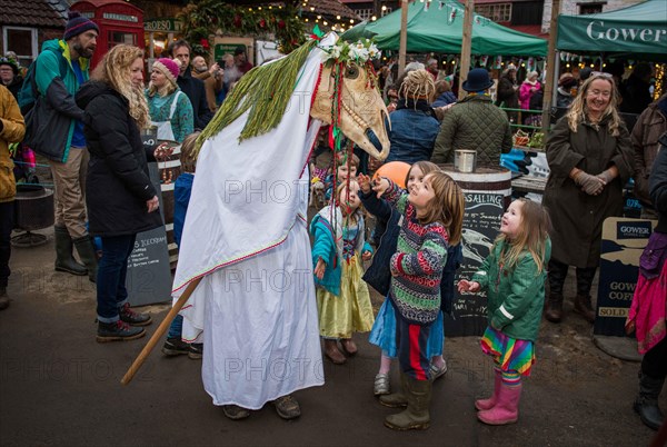 People in the village of Parkmill in Gower, Swansea, take part in the ancient Welsh tradition of celebrating the New Year in early January, using a Mari Lwyd, which is a horse's skull mounted on a pole. The custom is believed to have started in 1800 with groups of people following the Mari Lwyd from house to house across villages in South Wales. In recent years the event has gained in popularity with many events being held across Wales to help revive the tradition.