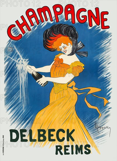 A turn of the 20th century advertising poster by Leonetto Cappiello (1875-1942), showing a woman opening a bottle of Delbeck Champagne. Established in 1832 by Félix-Désiré Delbeck in Reims. Delbeck champagne found favour with the court of Louis-Philippe of France, and was in 1838 named the official Champagne of the French monarchy.