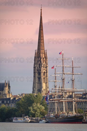 Bordeaux, France - august 2018: Bordeaux river fron with St Michel cathedral