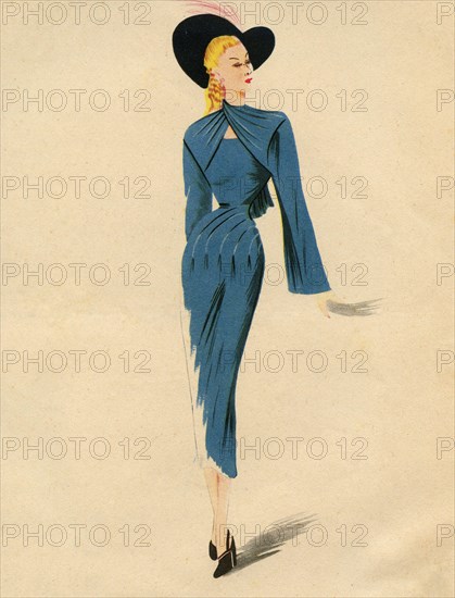 Woman fashion illustration drawing: Sketch of clothes and accessories, Italy 1940s