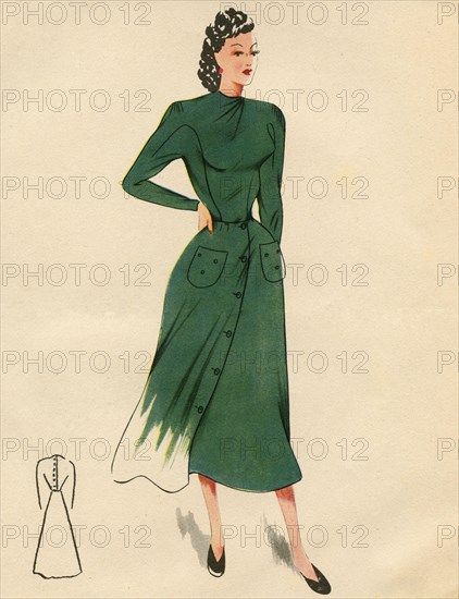 Woman fashion illustration drawing: Sketch of clothes and accessories, Italy 1940s