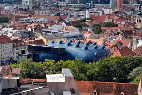 Austria, aerial view over the UNESCO world heritage site city of Graz, capital of Styria with Kunsthaus, an exhibition building and new architectural