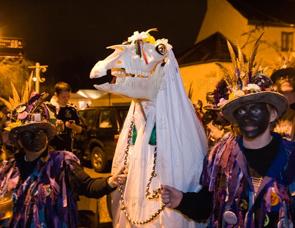 The Welsh Mari Lwyd stands on the bridge to meet the English Wassailers at the Chepstow Wassail and Mari Lwyd custom, Chepstow