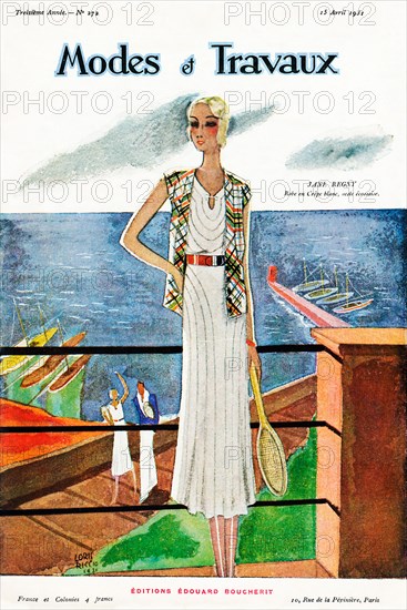 Modes Et Travaux, April 1931 cover of the French fashion magazine, outfit by Jane Regny for a lady on a seaside holiday