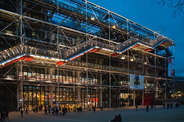 The striking post  modern architecture of the Pompidou Centre, Museum of Modern Art, Paris, illuminated at night.