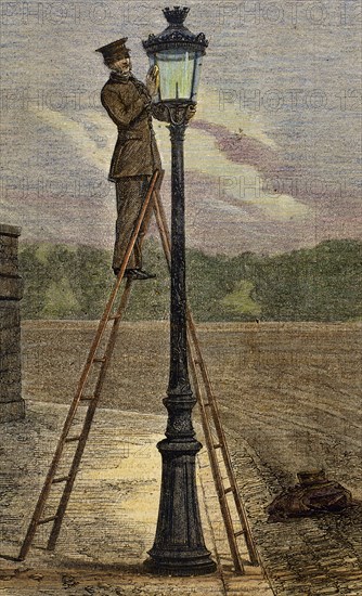 Lamplighter cleaning an old lamppost. Colored engraving by Bertrand, 1885. Paris. France.